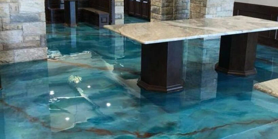 This image shows a customized metallic floor in a kitchen.
