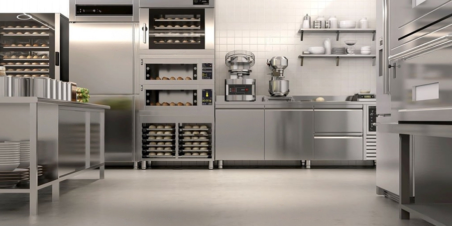 This image shows a commercial kitchen with epoxy painted floor.