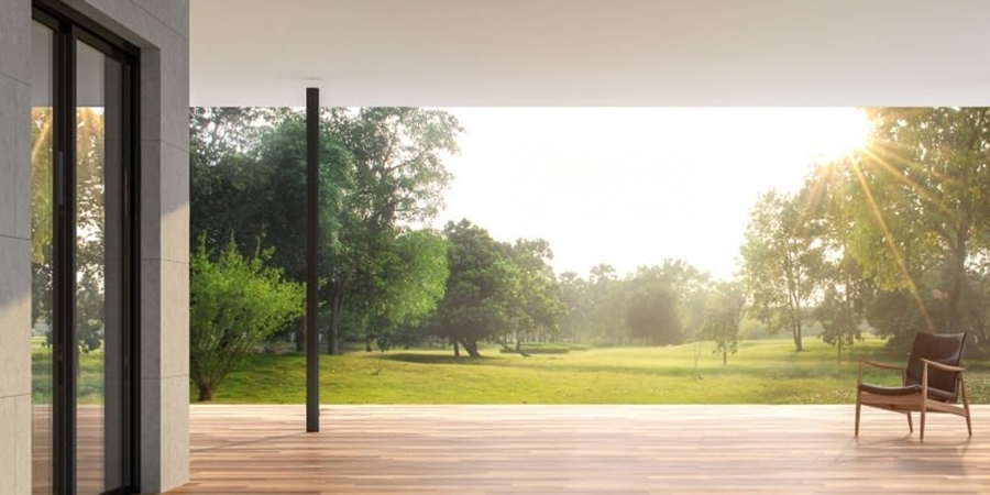 This image shows a wood-stamped concrete floor on a patio.