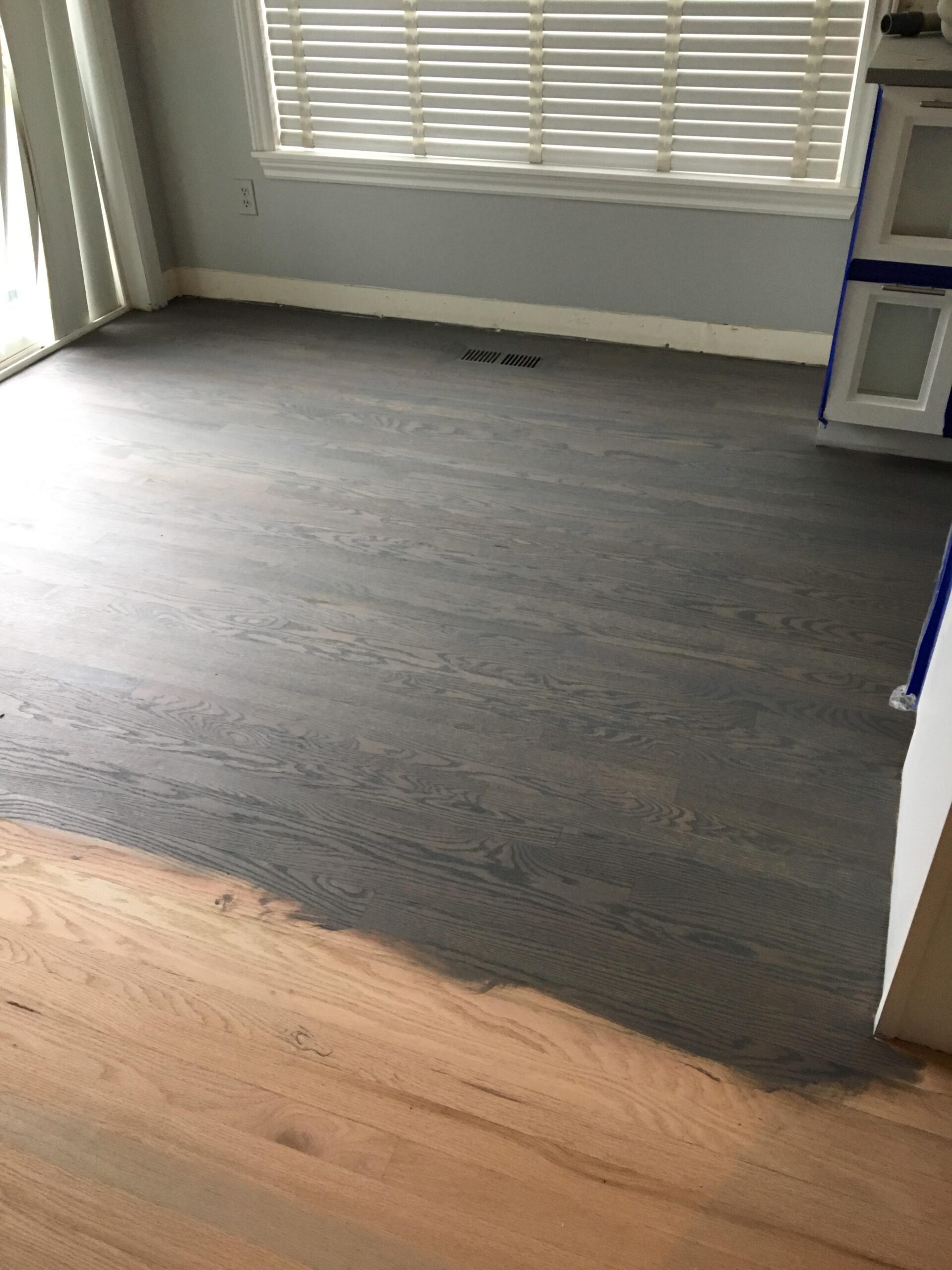 This image shows a commercial kitchen with epoxy painted floor.